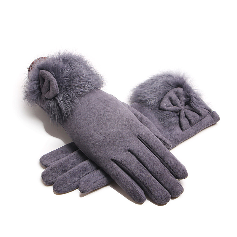 Leather Driving Glove - Winter Female Suede Leather Bow Plush
