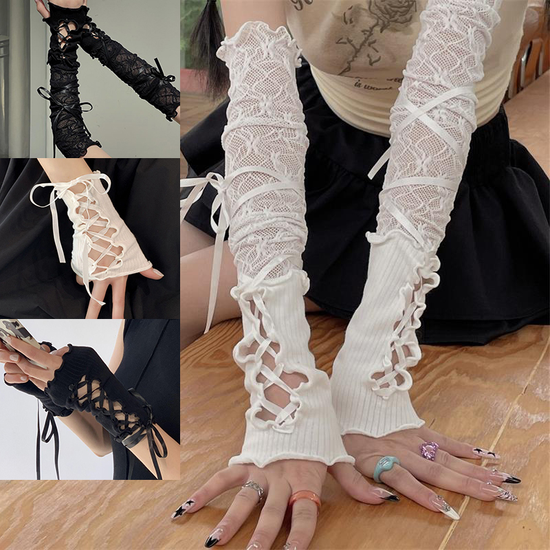 Women Lace‑Up Fingerless Arm S - Fingerless Glove Knit 评论和价格